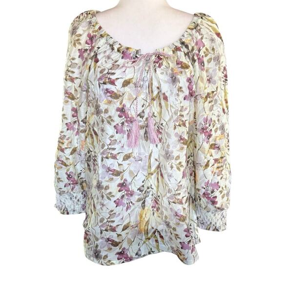PAPARAZZI FLORAL LONG SMOCKED SLEEVE PEASANT TOP Cottagecore Bohemian Hippie S - Picture 1 of 11